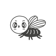 Cute fly doodle illustration. Hand drawn vector cartoon insect. Isolated black line art. Flying character mascot on white background