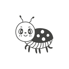 Cute ladybug character doodle illustration. Vector cartoon insect character in hand drawn style. Outline bug mascot. Isolated black line art on white background for children baby kids