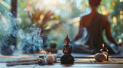 Serene Meditation Space with Incense Smoke, Buddha Statue, and Candles in Tranquil Setting - obrazy, fototapety, plakaty