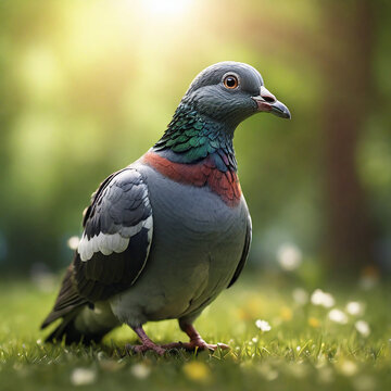 High-quality image of an ordinary pigeon standing on green grass, warm and pleasant soft lighting