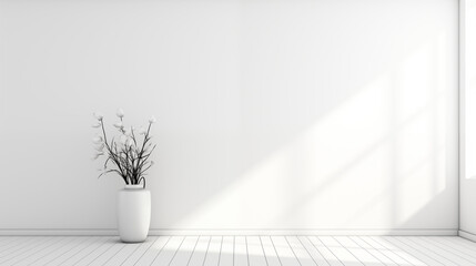 Room minimalist composition featuring a vase with delicate white flowers, casting soft shadows in a bright, airy space.