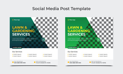 Lawn and Gardening service social media post template. Lawn Mower Garden or Landscaping service social media post square banner template.