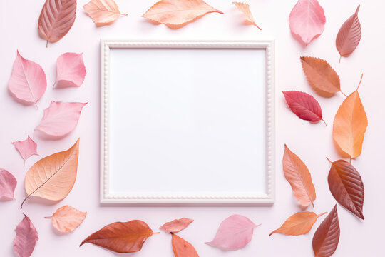 White picture frame surrounded by a variety of colorful autumn leaves on a soft pink background.