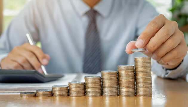 Businessman hand put coins to stack of coins with investment and saving concept
