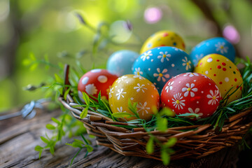 Fototapeta premium Close up of colorful easter eggs in a basket