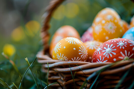Close up of colorful easter eggs in a basket