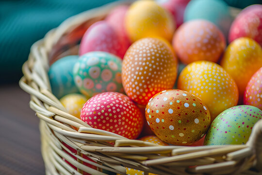 Close up of colorful easter eggs in a basket
