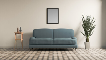 a blue couch sitting in a living room next to a plant
