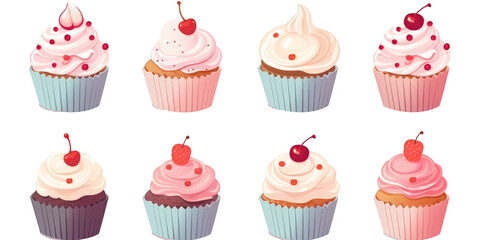 flat art collection of cupcakes isolated on a white background as transparent PNG