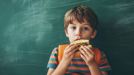 Child eating a sandwich during breakfast against a green backdrop.