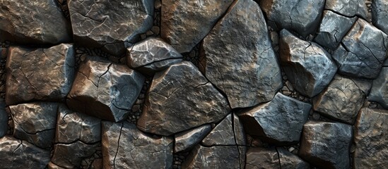 A detailed view of a sturdy wall constructed entirely of rocks, showcasing the natural textures and patterns of the stones.