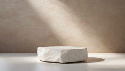 Stone podium minimal product display pedestal 3d beige studio room with sunlight