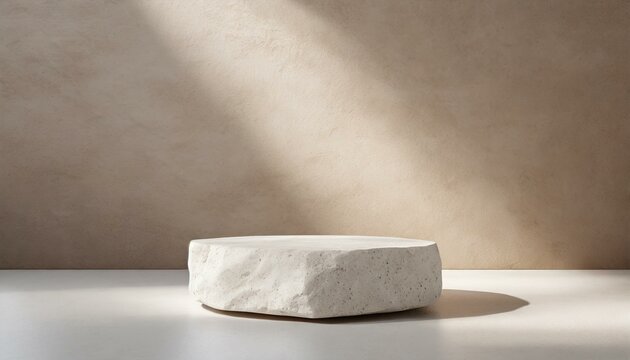 Stone podium minimal product display pedestal 3d beige studio room with sunlight