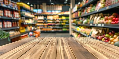 Modern Wooden Table for Business. Empty Wood Table Top on Shelf in Supermarket Blurred Background. Grocery Shop Table. Wooden Table in Supermarket. Grocery Shop. Copy-space