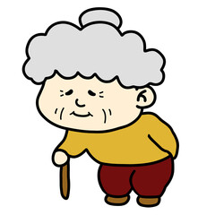 腰が曲がり杖をつくおばあちゃん（老婆）