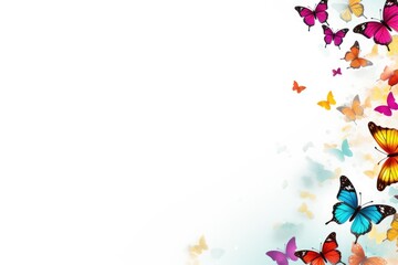 butterfly background with space for your text. Different kinds of butterflies flying on a white background, beautiful pink, orange and blue butterflies on white background with copy spac, Ai generated