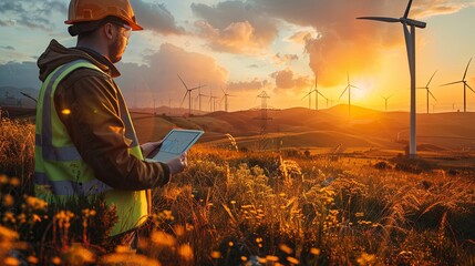 Man Holding Tablet with Wind Turbine in Background - obrazy, fototapety, plakaty
