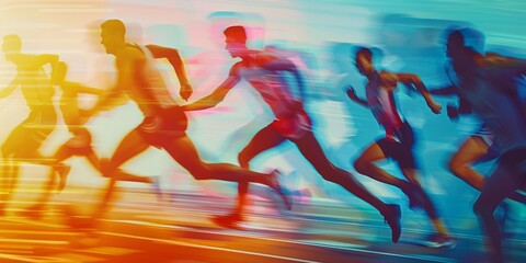 Hazy movement men sprinters exchanging baton in relay competition.