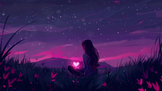 Compassionate young woman soothing wounded hearts with love. Inspirational outdoors Lofi. Lofi, dark purple, pink, dark blue
