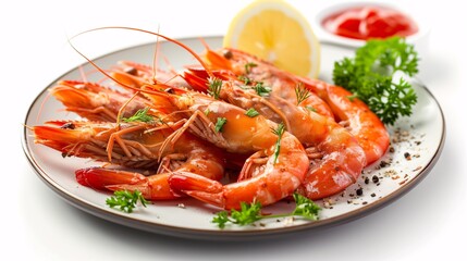 Crispy battered prawns with dipping sauce on a white background.