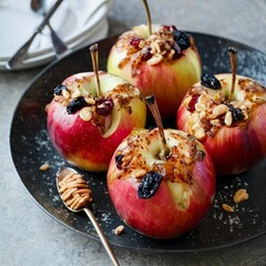 Baked stuffed apples with honey, nuts and dried fruits