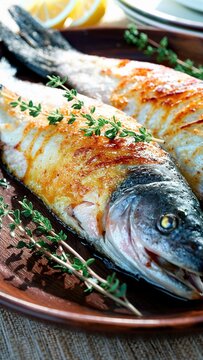 Baked trout fish with orange and thyme