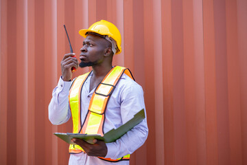 Black engineer in warehouse inspecting goods at industrial container yard