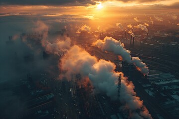 Metal production facility emitting pollutants into the air at sunrise captured in aerial photography.