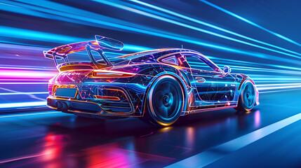 Sport car with neon line. A technology car sponsored on social media - obrazy, fototapety, plakaty