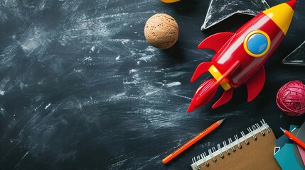 Chalkboard with colorful toy rocket and school materials.