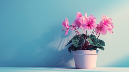 Bright pink cyclamen blooms potted beautifully. - obrazy, fototapety, plakaty