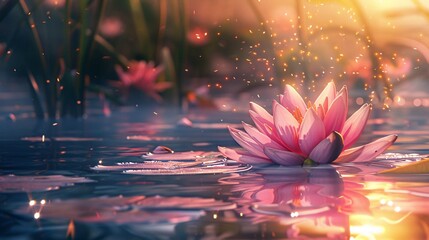 Blooming rosy lotus illuminated by rays of light.