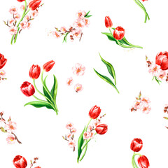 Red tulips and spring flowers,  Hand drawn watercolor seamless pattern isolated on white background