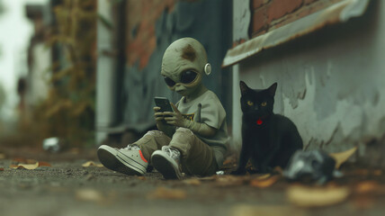 an alien child sitting by the garbage, holding a cell phone. He's accompanied by a black cat. Generative AI