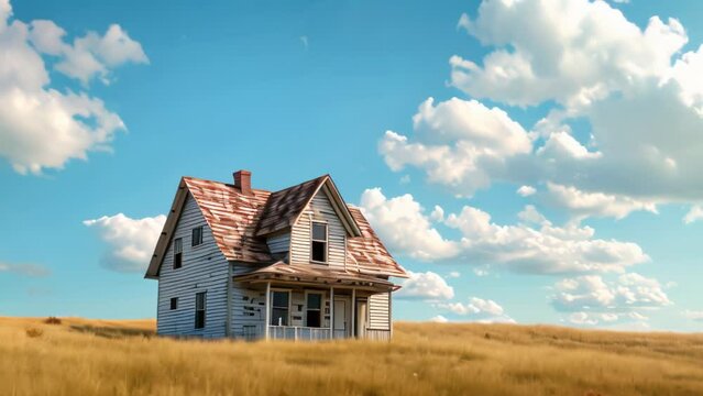 Lonely house against blue sky. 4k video animation