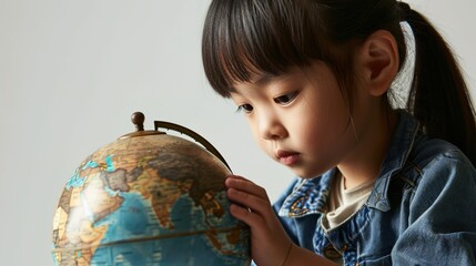 A little Asian girl is being taught the bilingual globe model on a gray background.