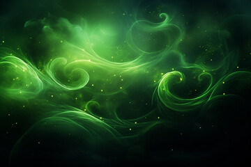 Mystical green swirls of light and smoke against a dark backdrop, creating an enchanting, magical atmosphere