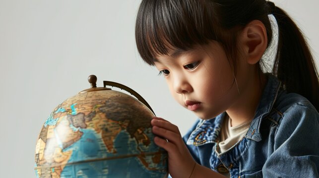 A little Asian girl is being taught the bilingual globe model on a gray background.