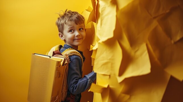 A happy, grin-filled child returns to school on a yellow background.