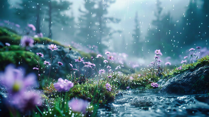 Rainy Days Beauty: Bright Meadow Bloom under Spring Rain, Natures Fresh Palette