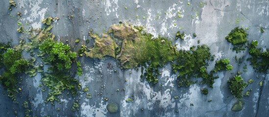 This aerial view showcases a concrete wall overtaken by lush green moss. The moss appears to thrive in the damp and shaded environment, gradually corroding the surface of the wall.