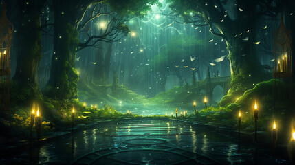Enchanted forest scene at night with glowing lanterns, a mystical pathway and magical atmosphere