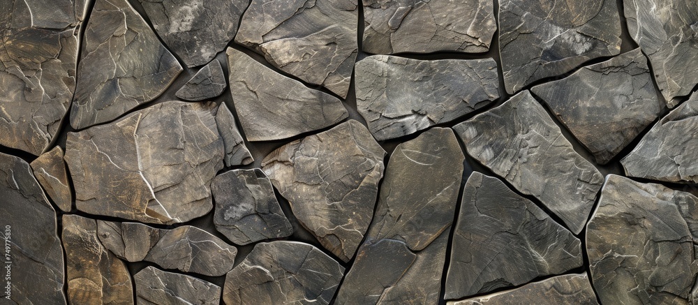 Poster a detailed close-up view of a wall made of rocks, showcasing the intricate patterns and textures of 