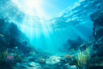 Naklejka premium Sunlit underwater seascape with aquatic plants and rocks, creating a serene and mystical ocean scene