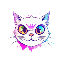 Cute cat with colorful eyes and splashes watercolor illustration.