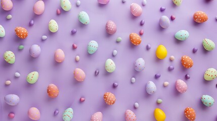 A whimsical array of speckled Easter eggs in soft pastel hues, interspersed with delicate confetti, artfully displayed on a pristine purple background for a festive mood.