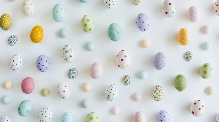 A whimsical array of speckled Easter eggs in soft pastel hues, interspersed with delicate confetti, artfully displayed on a pristine white background for a festive mood.
