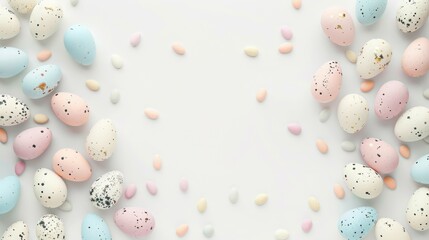Fototapeta na wymiar A collection of pastel-colored Easter eggs, artistically speckled, complemented by tiny candy pieces, arranged on a clean, bright surface background with copy space for text or designs.