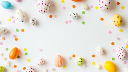 A collection of pastel-colored Easter eggs, artistically speckled, complemented by tiny candy pieces, arranged on a clean, bright surface background with copy space for text or designs.