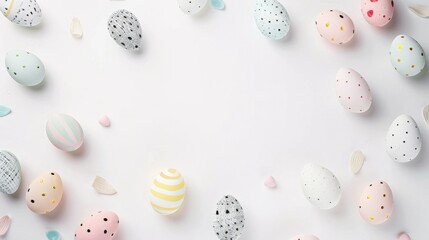 Obraz na płótnie Canvas A collection of pastel-colored Easter eggs, artistically speckled, complemented by tiny candy pieces, arranged on a clean, bright surface background with copy space for text or designs.
